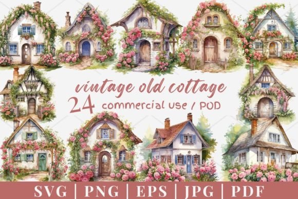 24 Vintage Cottage Vector Graphics & Illustrations