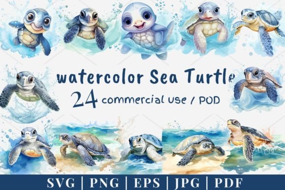24 Watercolor Sea Turtle Vector Graphics & Illustrations