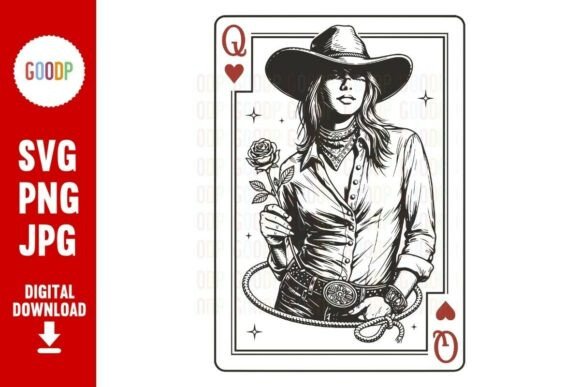 Cowgirl Queen of Hearts Playing Card PNG: Graphics & Illustrations