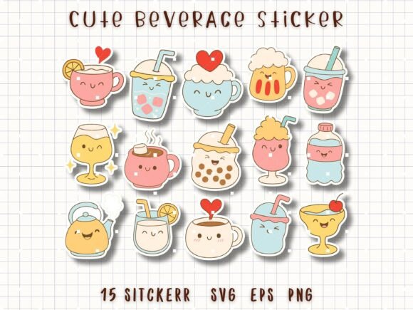 Cute Beverage Sticker Drink Clipart: Kawaii Graphics & Illustrations for Real Brand Projects