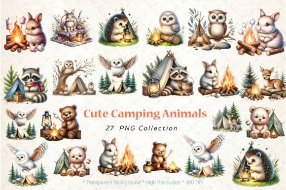 Cute Camping Animals Watercolor Clipart: Graphics & Illustrations