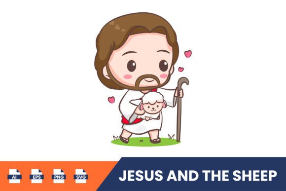 Cute Cartoon Jesus Christ and the Sheep Graphics