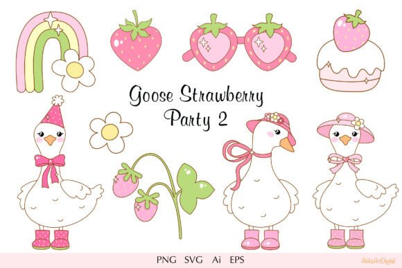 Cute Coquette Goose Strawberry Party 2 Graphics