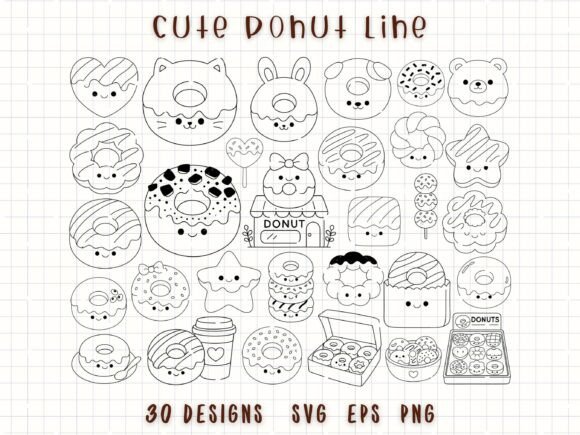 Cute Donut SVG Dessert Line Art: Graphics & Illustrations for Sellers