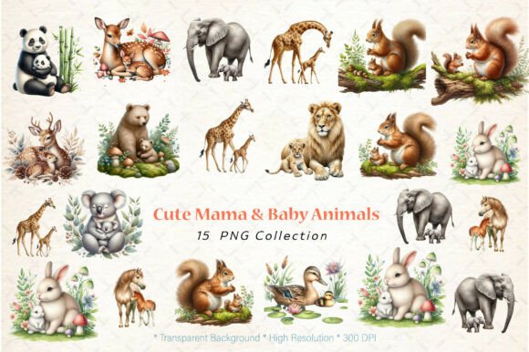 Cute Mama Baby Animals Watercolor Graphics & Illustrations