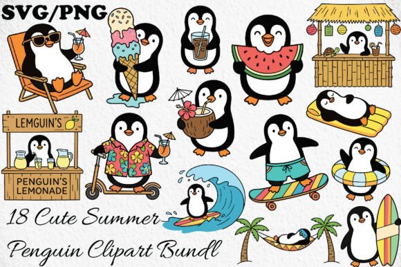 Cute Summer Penguin Clipart Bundle: Graphics & Illustrations for Handmade Joy