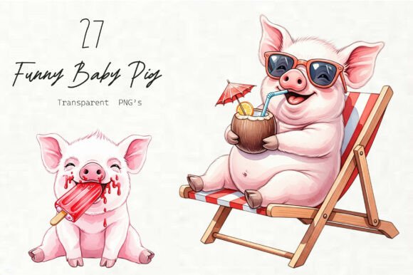 Funny Summer Baby Pig Clipart: Graphics & Illustrations