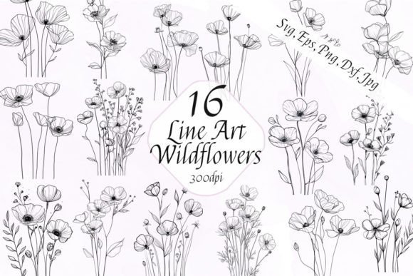 Line Art Wildflowers Sublimation Clipart