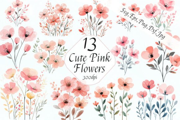 Minimalist Pink Watercolor Flowers SVG