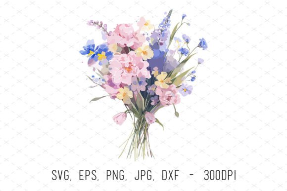 Pink Purple Watercolor Flowers Bouquet Graphics