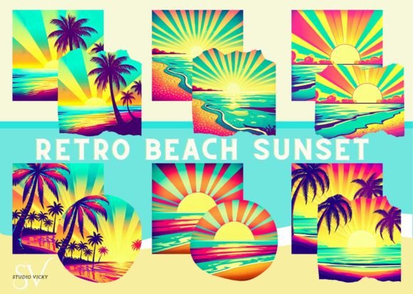 Retro Beach Sunset Clipart Bundle: Graphics & Illustrations