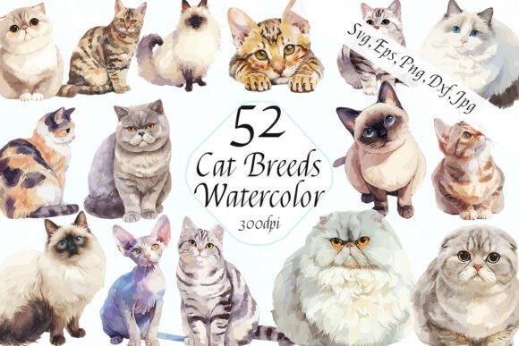 Watercolor Cat Breeds Clipart SVG Bundle