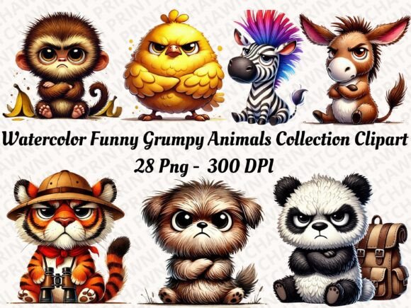 Watercolor Funny Grumpy Animals Clipart: Graphics & Illustrations