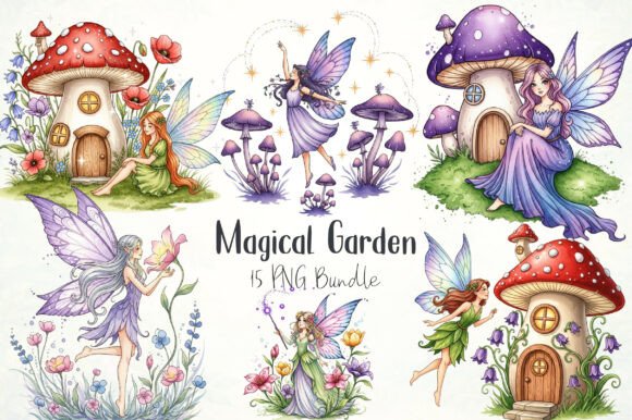 Watercolor Magical Garden Purple Fairies Graphics