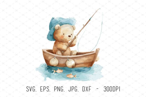 Watercolor Nursery Baby Bear Fishing SVG Graphics