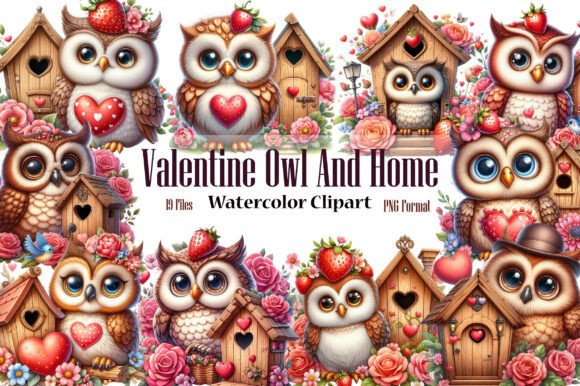 Watercolor Valentine Owl & Home Clipart: Graphics for Editorial Warmth