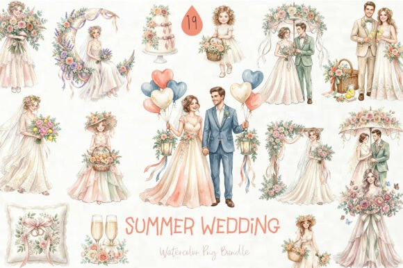 Whimsical Summer Wedding Clipart: Graphics & Illustrations